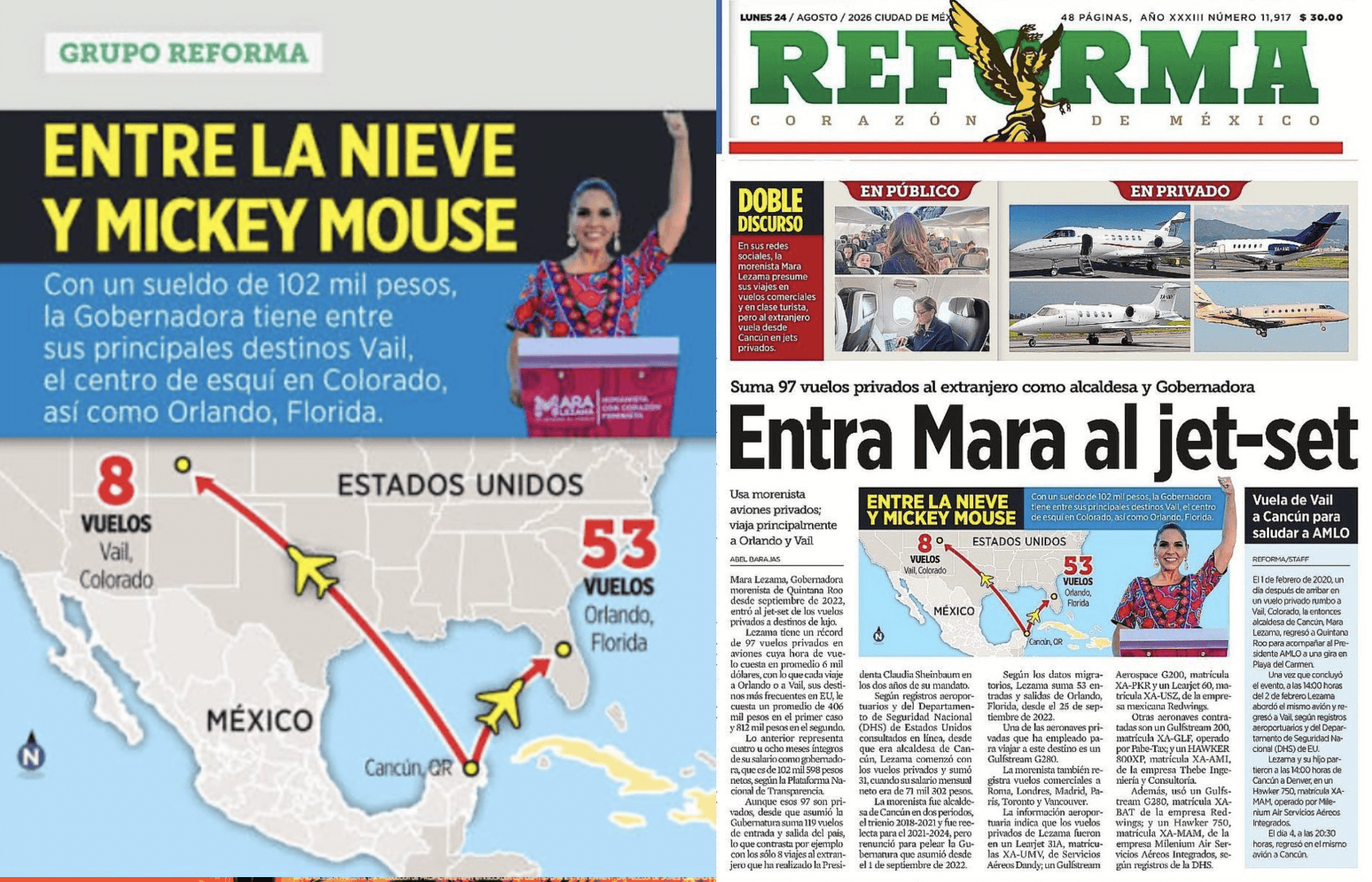 Mara Lezama, Gino Segura y Ana Paty Peralta suman más de 97 vuelos privados según Reforma, ¿cuál austeridad? 25 quintanaroo